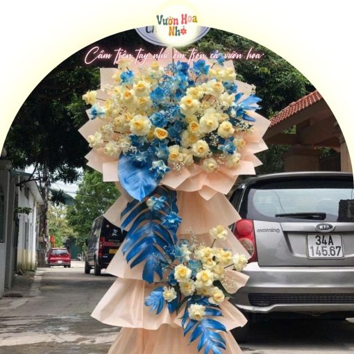 Mẫu lẵng hoa chúc mừng khai trương kết hợp hướng dương và hoa đồng tiền tươi sáng